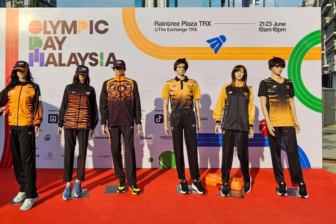 Mannequins displaying the attire for Malaysia's athletes at the Paris 2024 Olympic Games.