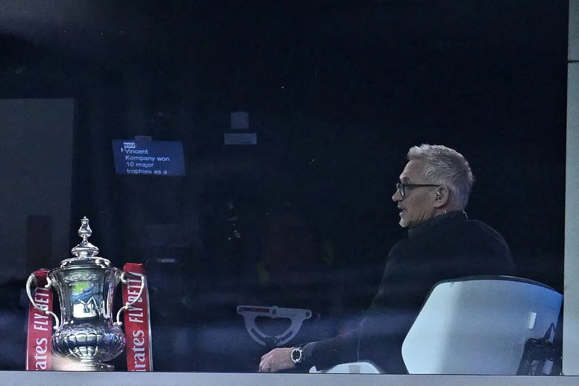 BBC TV presenter Gary Lineker before kick-off in the Man City v Burnley FA Cup game on March 18, 2023. He struggled with his voice and will not be involved in the March 19 matches. 