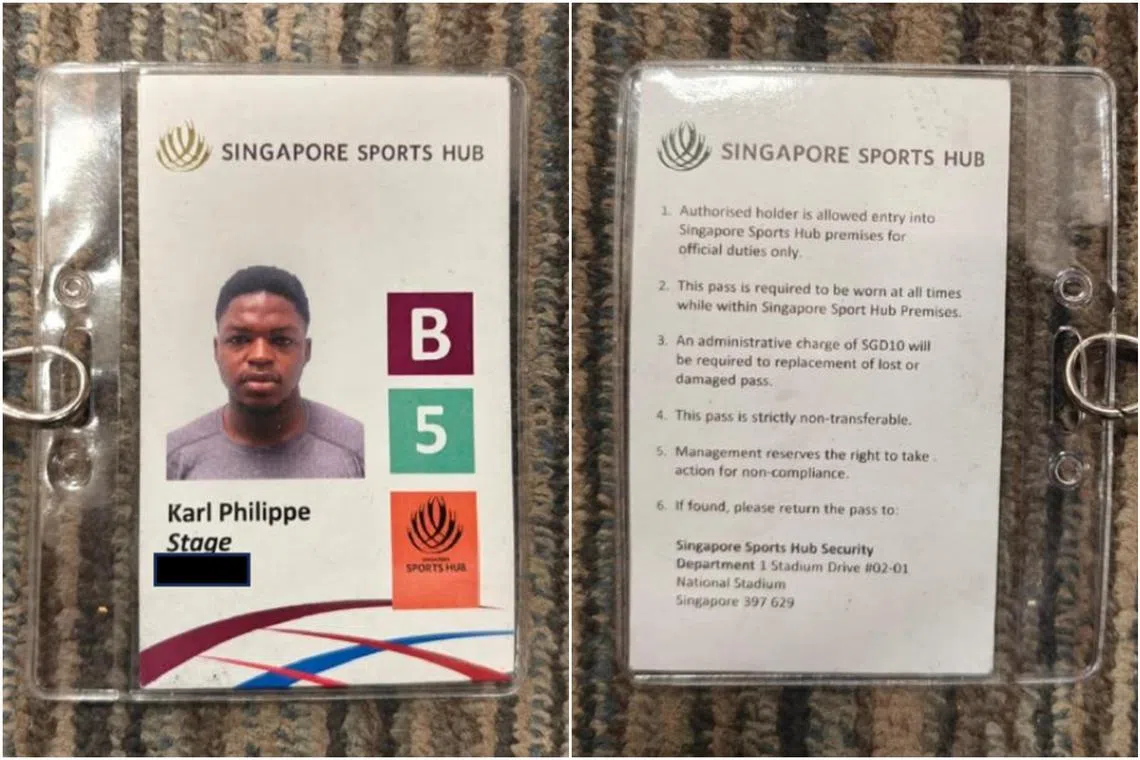 The Singapore Sports Hub staff pass forged by Karl Phillippe Njiomo Tengueu, who was jailed for 10 weeks on May 24.
