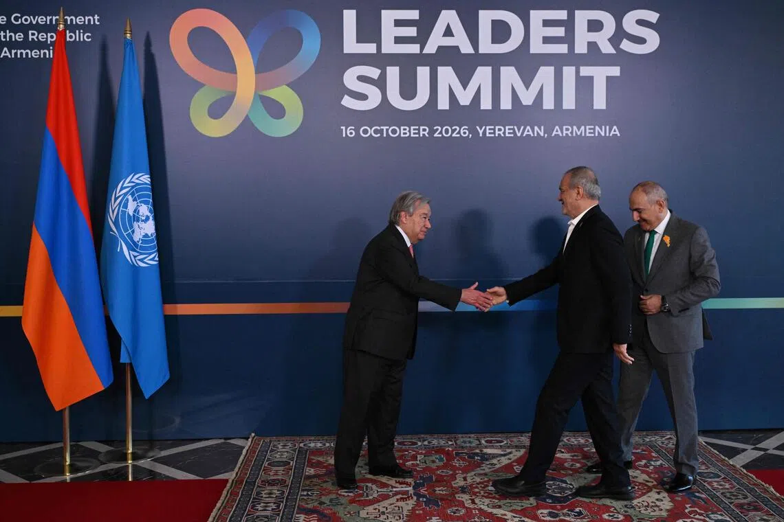 UN chief Antonio Guterres (left) and Armenian Prime Minister Nikol Pashinyan welcome Iranian President Masoud Pezeshkian during the COP 17 leaders’ summit.