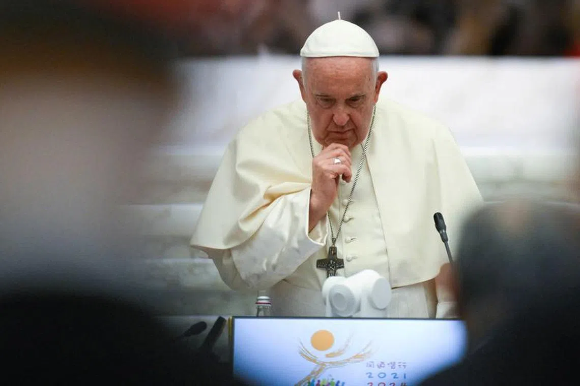 FILE PHOTO: Pope Francis speaks during the First General Congregation of the Synod at the Paul VI Hall at the Vatican, October 4, 2023.    Vatican Media/­Handout via REUTERS/File Photo