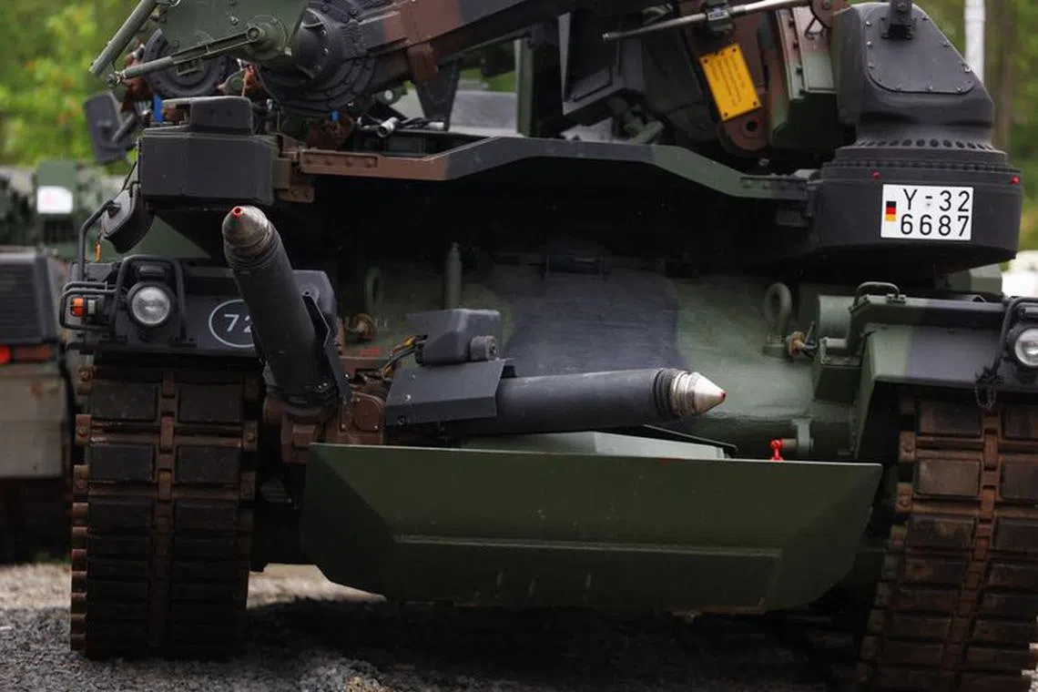 Details of a demining tank Keiler are seen outside the Rheinmetall production plant of military equipment for the Bundeswehr, police and Ukraine, in Kassel, Germany, July 25, 2023. REUTERS/Kai Pfaffenbach/File Photo