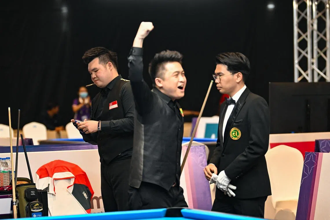 ST20230510_202384236166-Lim Yaohui-pixseagames10/
Aloysius Yapp from Singapore (left) against Phone Myint Kyaw (middle) from Myanmar in the final of the men 9-ball pool singles of billiards sports at Aeon Mall Sen Sok in Phnom Penh, Cambodia on May 10, 2023. Myanmar beat Singapore 9-3 and Singapore got the gold medal.
The 2023 Southeast Asian Games, commonly known as the 32nd Southeast Asian Games, or the 32nd SEA Games, and commonly known as Cambodia 2023, will be the 32nd edition of the Southeast Asian Games, a biennial sports multi-sport event which will be held from 5 to 17 May 2023 in Phnom Penh, Cambodia.
(ST PHOTO: LIM YAOHUI)