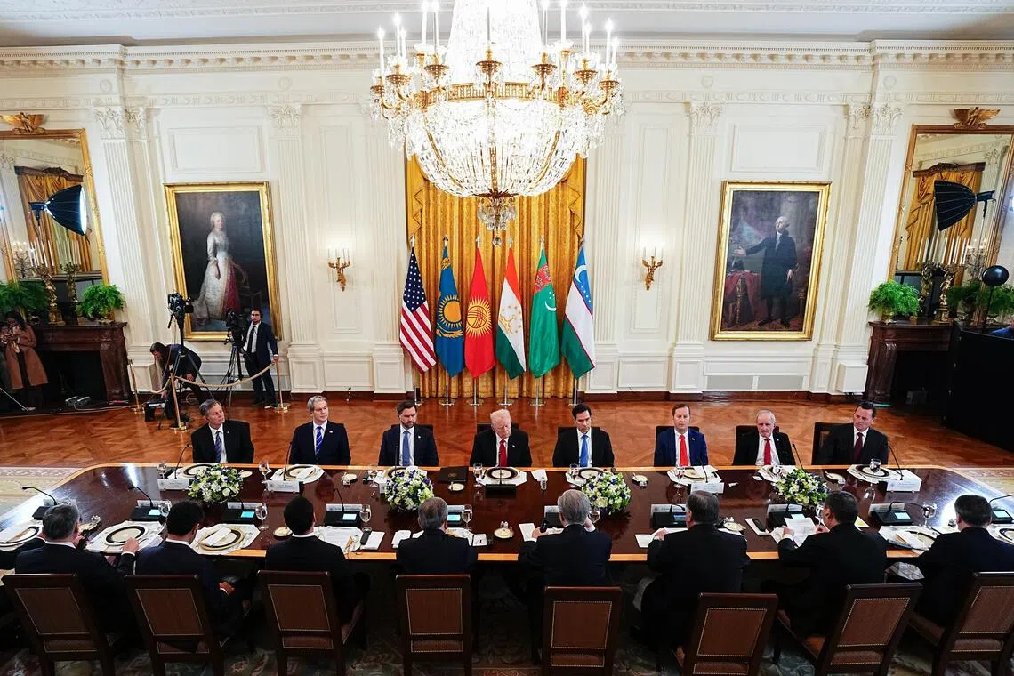 US President Donald Trump (middle) met with leaders of Kazakhstan, Kyrgyzstan, Tajikistan, Turkmenistan and Uzbekistan.