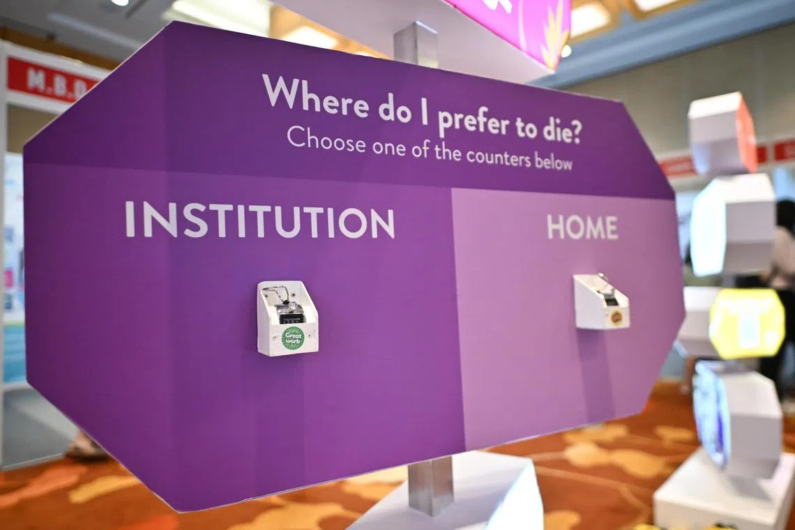 ST20230701-202307654228-Lim Yaohui-Judith Tan-juhospice01/
A panel for visitors to vote at the exhibition area during opening of the 8th Singapore Palliative Care Conference (SPCC 2023), organised by the Singapore Hospice Council(SHC), at Sands Expo & Convention Centre on July 1, 2023.
To continue the legacy of the late Prof Cynthia Goh's work as a palliative care pioneer, her husband Prof Goh Hak Su, has pledged $4.6 million, to set up the Cynthia Goh Palliative Care Institute (CGPCI), under SingHealth Duke-NUS Academic Medical Centre.
(ST PHOTO: LIM YAOHUI)