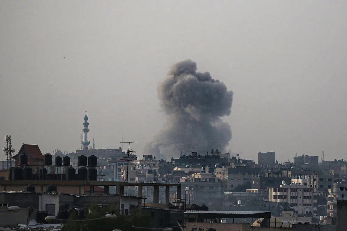 Smoke billows at a site of an Israeli bombardment in eastern Rafah in the southern part of the Gaza Strip.