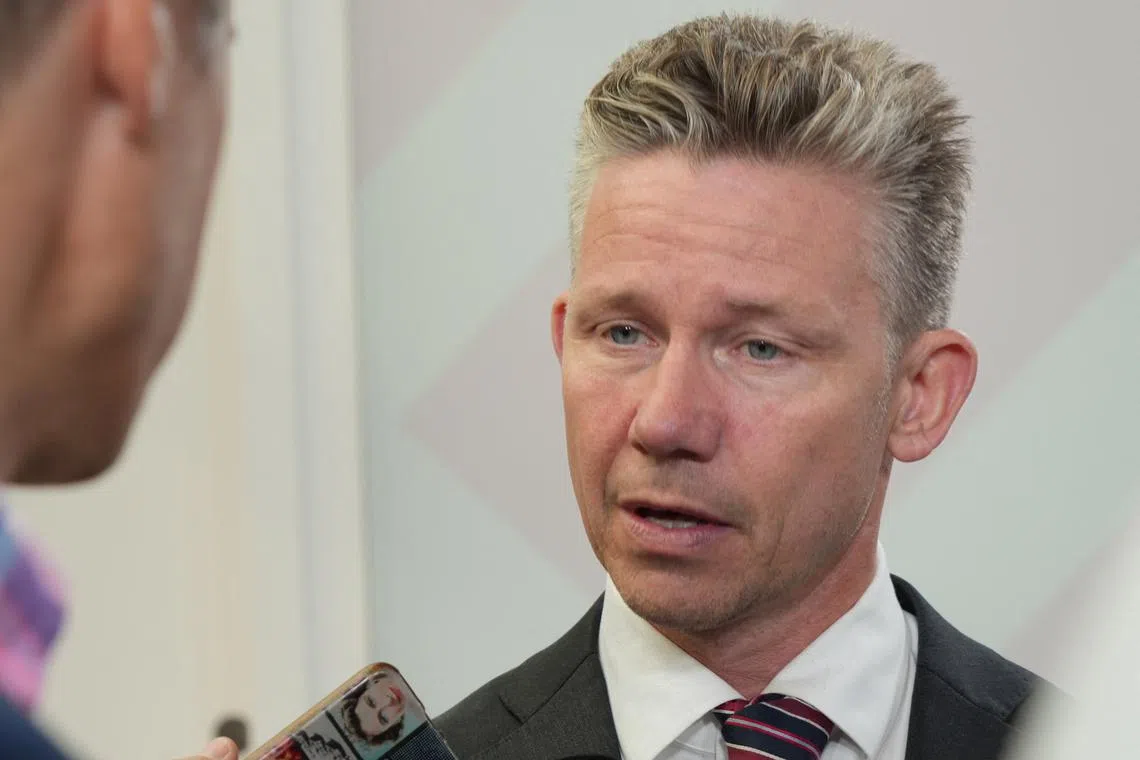 Swedish Defence Minister Pal Jonson speaks to journalists as he arrives to an informal meeting of European Union defence ministers in Copenhagen, Denmark, August 29, 2025. REUTERS/Tom Little/File Photo