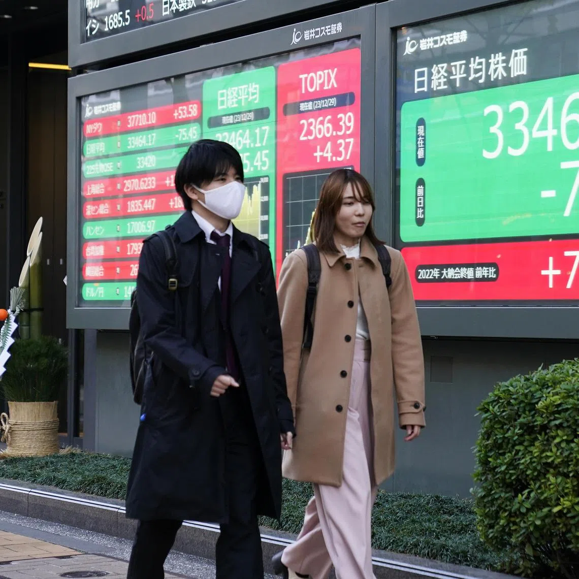 epa11047767 Pedestrians walk past a display showing closing information of the Nikkei Stock Average on the final trading day of the year 2023, at a securities company office, in Tokyo, Japan, 29 December 2023. The Tokyo stock benchmark closed down 75.45 points at 33,464.17. The Tokyo stock average closed its 2023 year's trade up 7369.67 points or 28 percent from a year earlier.  EPA-EFE/KIMIMASA MAYAMA