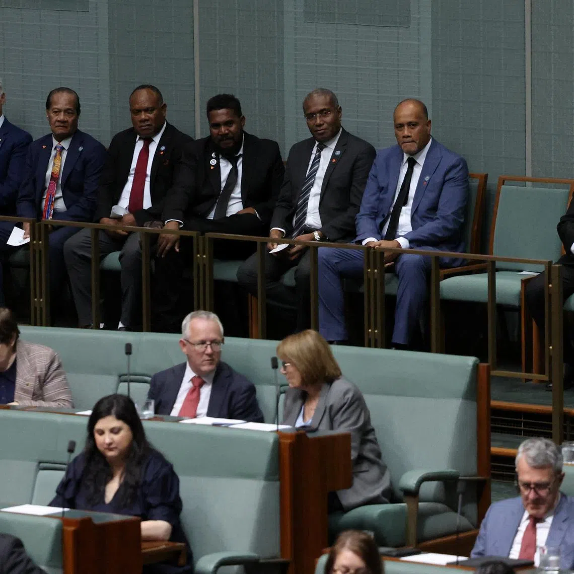 Solomon Islands Prime Minister Matthew Wale and his delegation listen during Question Time in the House of Representatives at Parliament House in Canberra, Australia, June 3, 2026. REUTERS/Hollie Adams