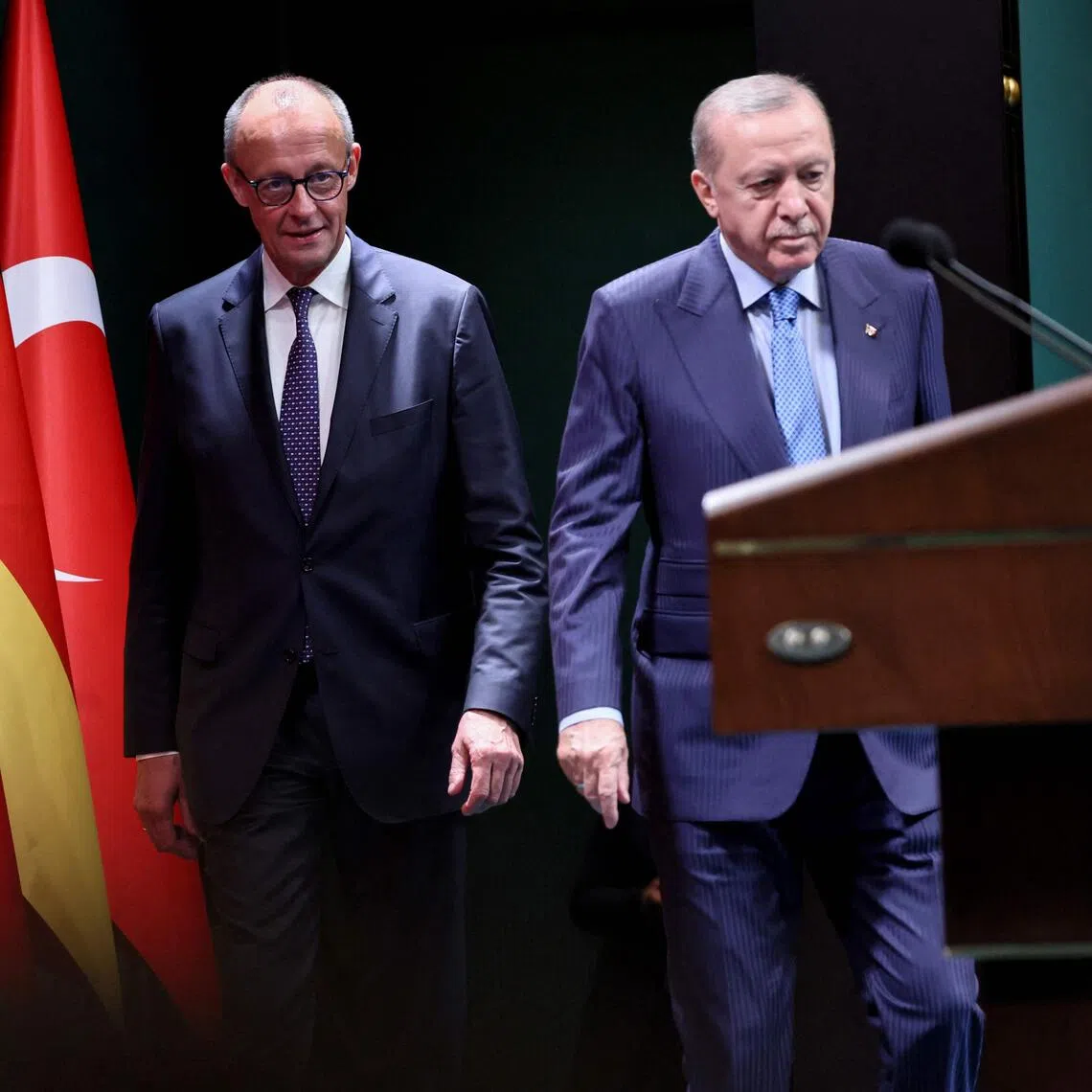 Turkish President Recep Tayyip Erdogan (right) and German Chancellor Friedrich Merz arriving to deliver a joint press conference in Ankara, on Oct 30.
