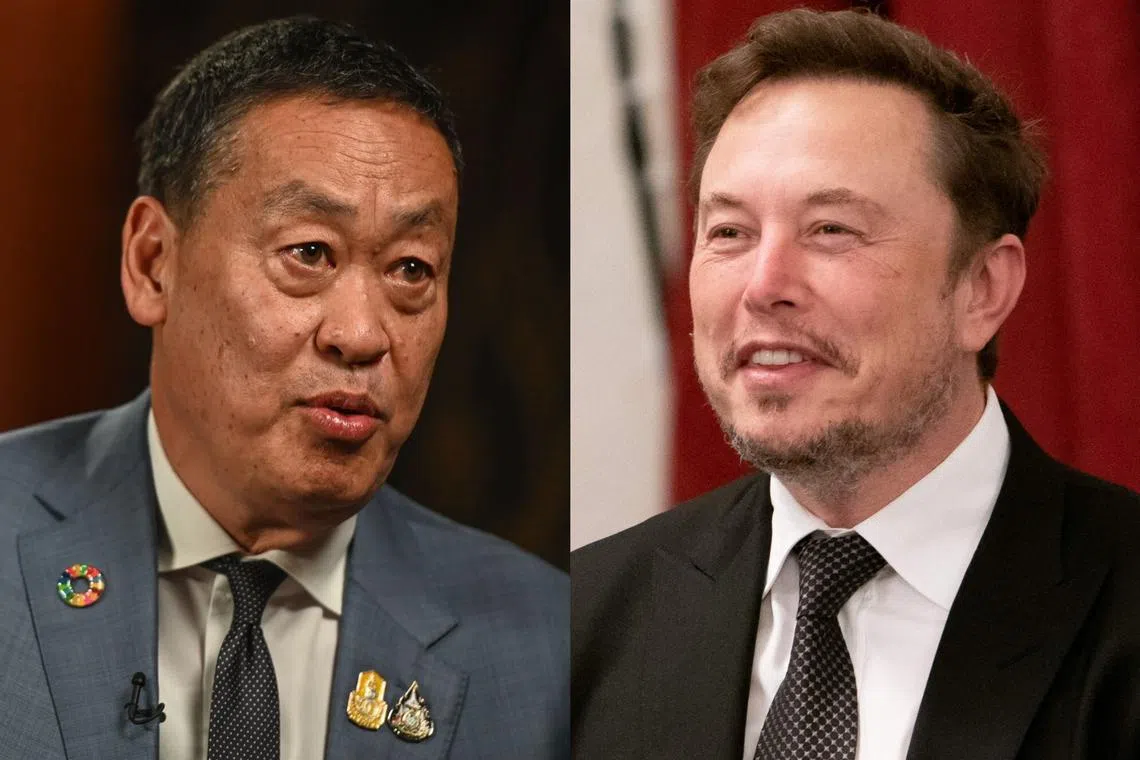 Thai PM Srettha Thavisin (left) says he and Tesla chief Elon Musk discussed the electric vehicle industry.
