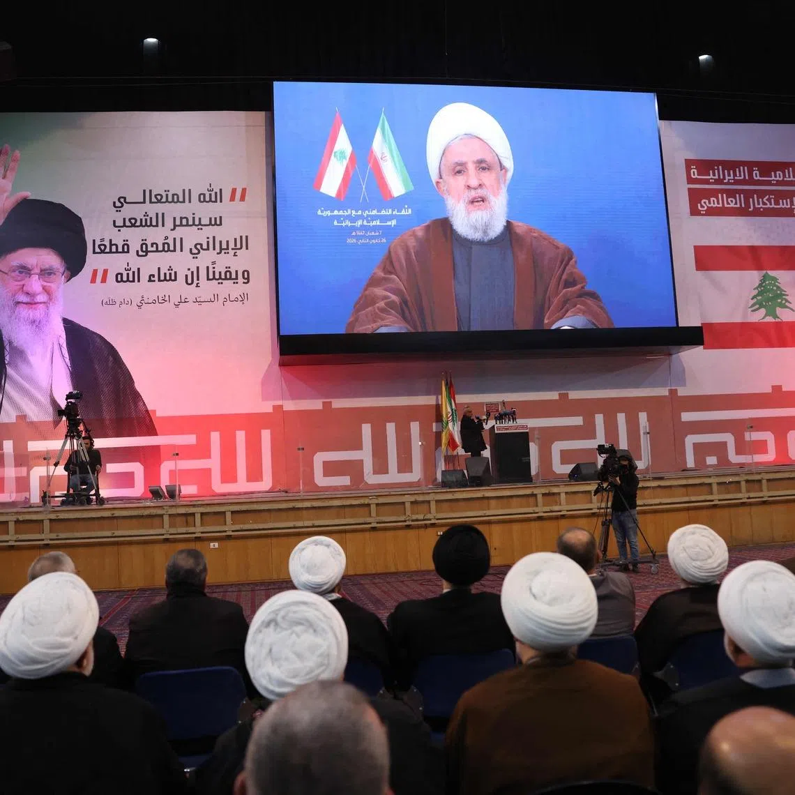 A televised speech by Hezbollah chief Naim Qassem during a rally in Beirut on Jan 26 to show solidarity with Iran.