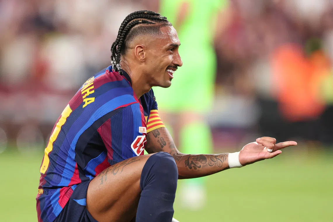 Barcelona’s Raphinha celebrates scoring their first goal against Athletic Bilbao.
