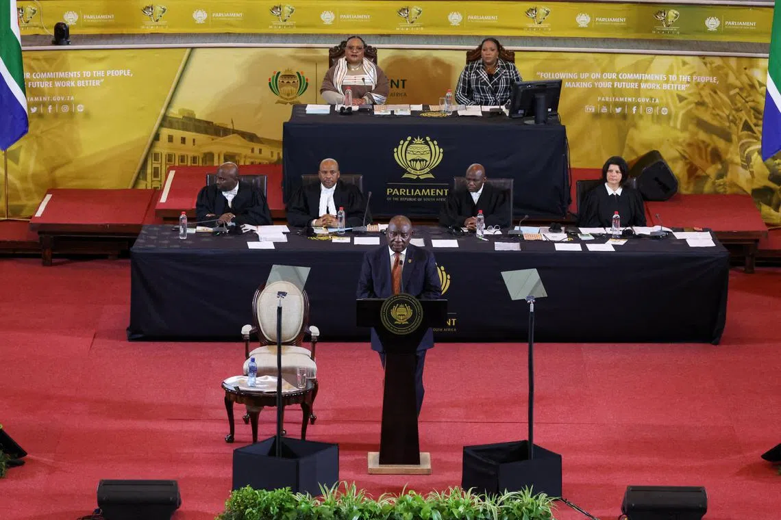 South Africa's President Cyril Ramaphosa speaks during his opening of parliament address in Cape Town, South Africa, July 18, 2024. REUTERS/Esa Alexander