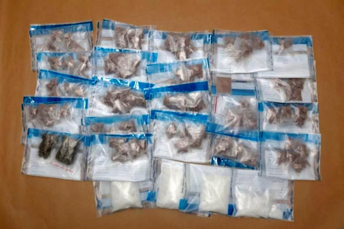 Controlled drugs including heroin and Ice seized in the vicinity of Lorong 1 Toa Payoh in a CNB operation conducted on Aug 2, 2023.