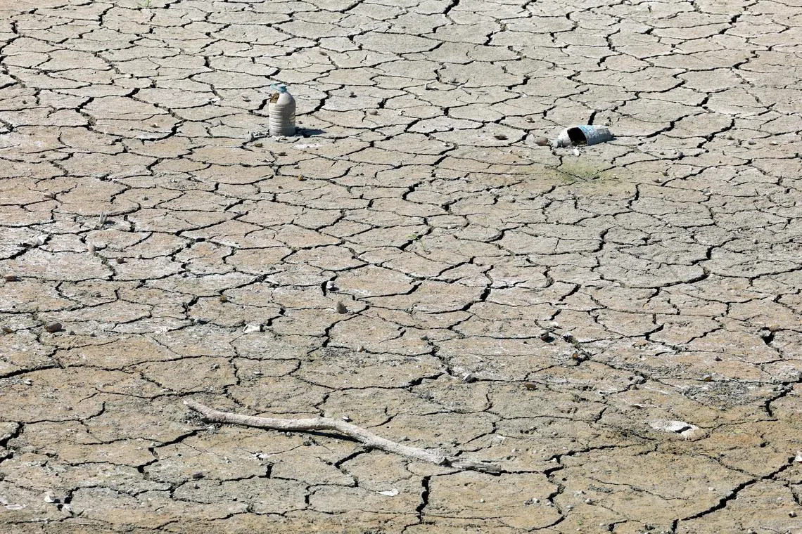 Plastic bottles lie on the parched, cracked earth, in the dried basin of Turkmenli Dam, where water once submerged the landscape, in Marmara Ereglisi, in the northwestern Tekirdag province, Turkey, August 11, 2025. REUTERS/Murad Sezer