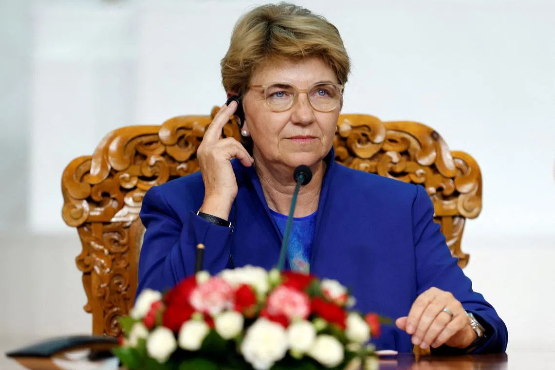 FILE PHOTO: Swiss President Viola Amherd attends a press conference at the State Palace in Ulaanbaatar, Mongolia August 2, 2024. REUTERS/B. Rentsendorj/File Photo