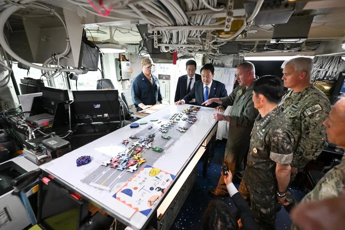 Ahead of the drills, South Korean President Yoon Suk Yeol visited the USS Theodore Roosevelt, after it arrived in Busan.