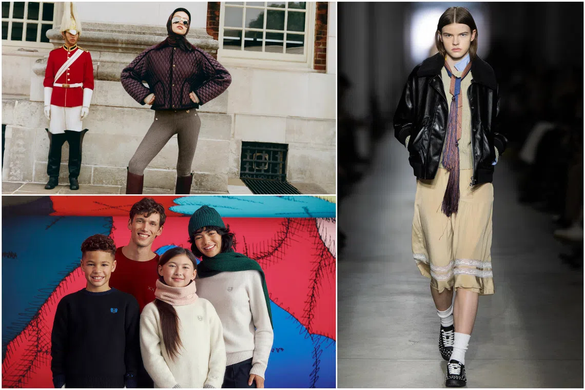 (Clockwise from top left) Burberry's cropped Floriston Jacket in mahogany brown, Onitsuka Tiger’s Autumn-Winter 25 Blouson Jacket styled with layers and Uniqlo’s Kaws Winter collection.