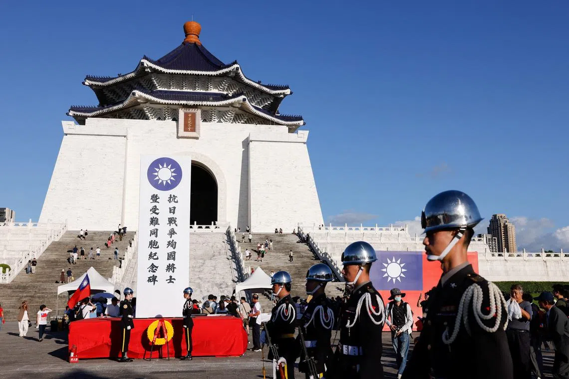 FILE PHOTO: A wreath lies during an event to commemorate the 80th anniversary of the end of World War Two at Chiang Kai-shek Memorial Hall in Taipei, Taiwan, August 16, 2025. REUTERS/Ann Wang/ File Photo