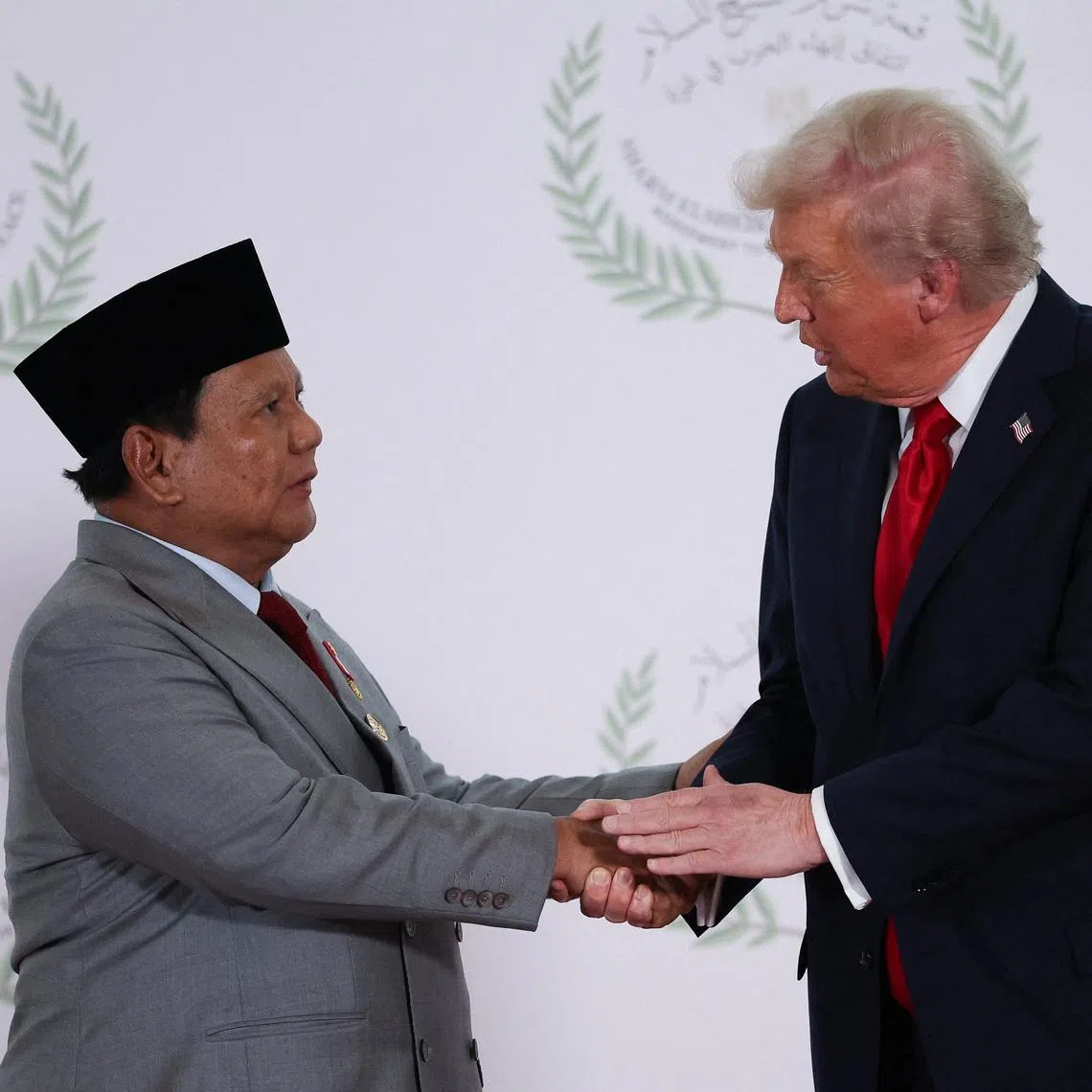 US President Donald Trump and Indonesian President Prabowo Subianto shake hands at a world leaders' summit on ending the Gaza war, amid a US-brokered prisoner-hostage swap and ceasefire deal between Israel and Hamas, in Sharm el-Sheikh, Egypt, October 13, 2025.