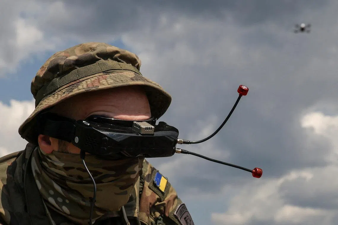 A Ukrainian marine attending a FPV-drone flight training, amid Russia's attack on Ukraine, in the Dnipropetrovsk region, Ukraine May 15.