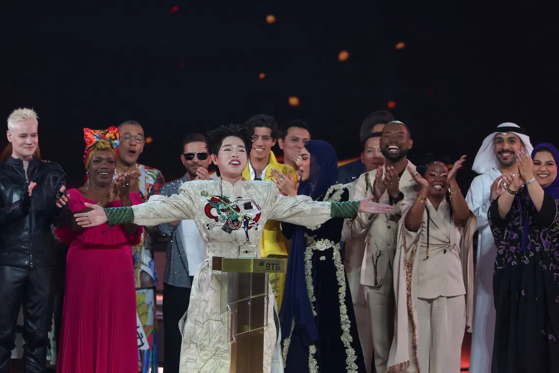 Duc Phuc, who represents Vietnam, reacts after winning the Intervision International Music Contest 2025 in Moscow, Russia, September 21, 2025. REUTERS/Evgenia Novozhenina