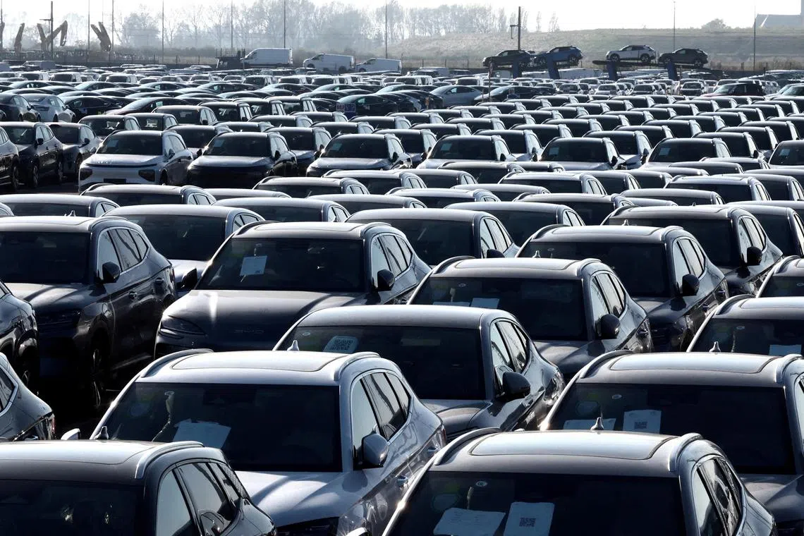 FILE PHOTO: New cars, among them new China-built electric vehicles of the company BYD, are seen parked in the port of Zeebrugge, Belgium, October 24, 2024. REUTERS/Yves Herman//File Photo
