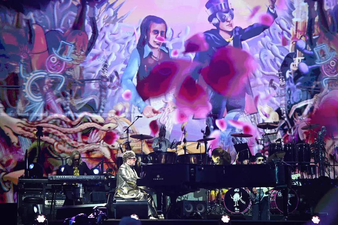 British legendary singer Elton John performs on the Pyramid Stage on day 5 of the Glastonbury festival in England on June 25, 2023. Elton John closes out Britain's legendary Glastonbury Festival on Sunday in what has been billed as his final UK performance. 