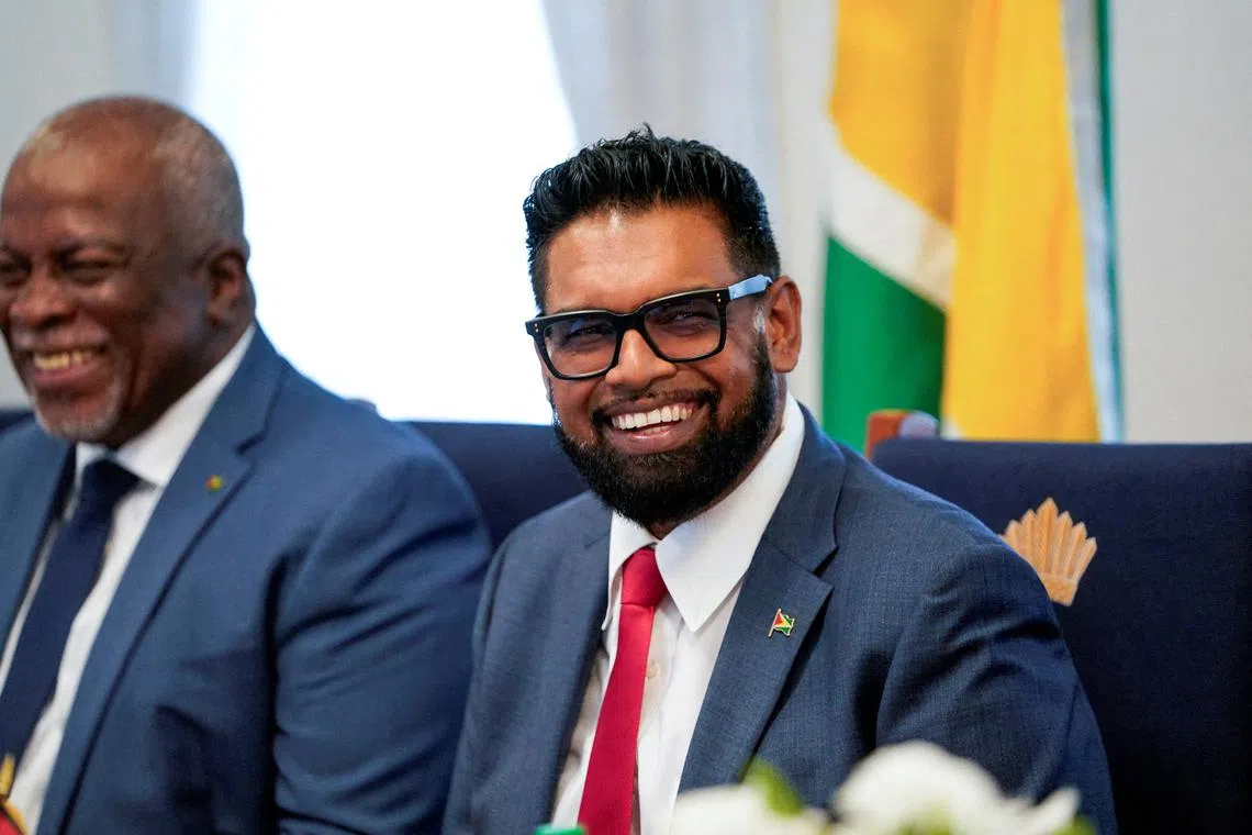 FILE PHOTO: Guyanese President Mohamed Irfaan Ali attends a meeting with U.S. Secretary of State Marco Rubio (not pictured), in Georgetown, Guyana, March 27, 2025. REUTERS/Nathan Howard/Pool/File Photo