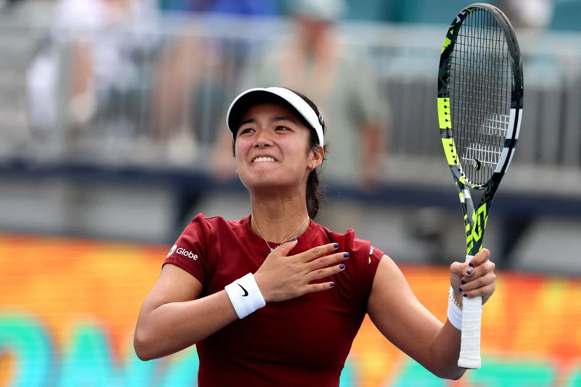 An emotional Alexandra Eala of Philippines celebrates her win against Madison Keys at the Miami Open.