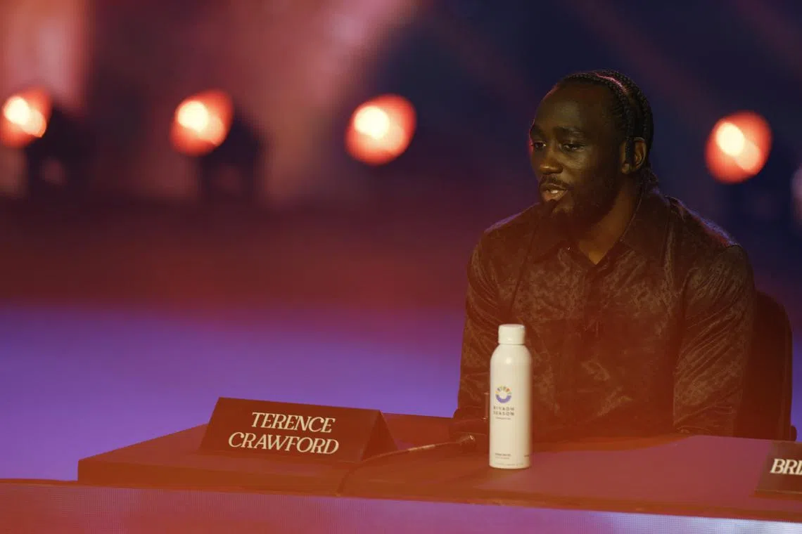 FILE PHOTO: Boxing - Canelo Alvarez & Terence Crawford Press Conference - Boulevard City, Riyadh, Saudi Arabia - June 20, 2025 Terence Crawford during the press conference REUTERS/Hamad I Mohammed/File Photo
