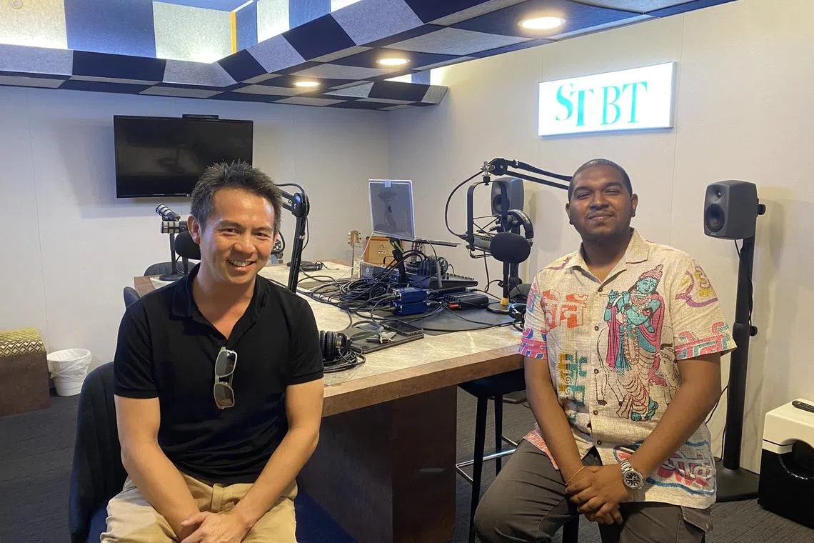(From left) Professional race car driver Yuey Tan and sports reporter Deepanraj Ganesan in the studio to talk about the 2023 F1 Singapore Grand Prix.