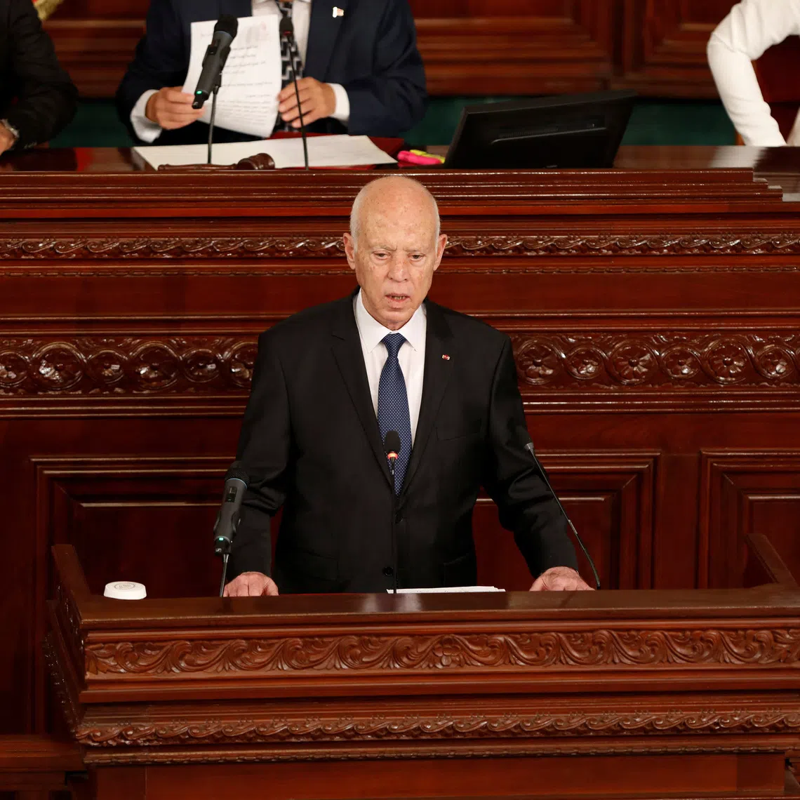 FILE PHOTO: Tunisia's President Kais Saied attends his swearing-in ceremony for his second term at the parliament in Tunis, Tunisia October 21, 2024. REUTERS/Zoubeir Souissi/File Photo