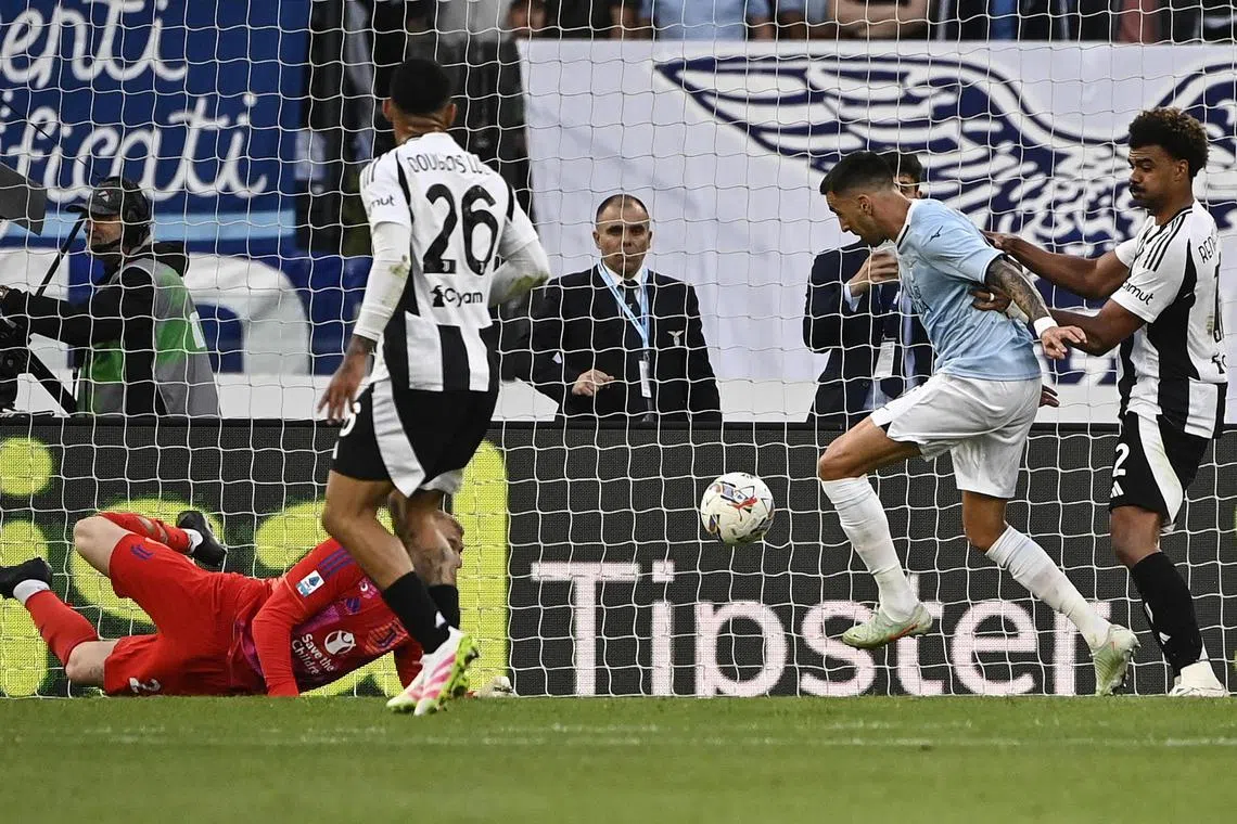 Lazio's Matias Vecino equalising in the Italian Serie A match against Juventus at the Olimpico stadium in Rome on Italy on May 10, 2025.