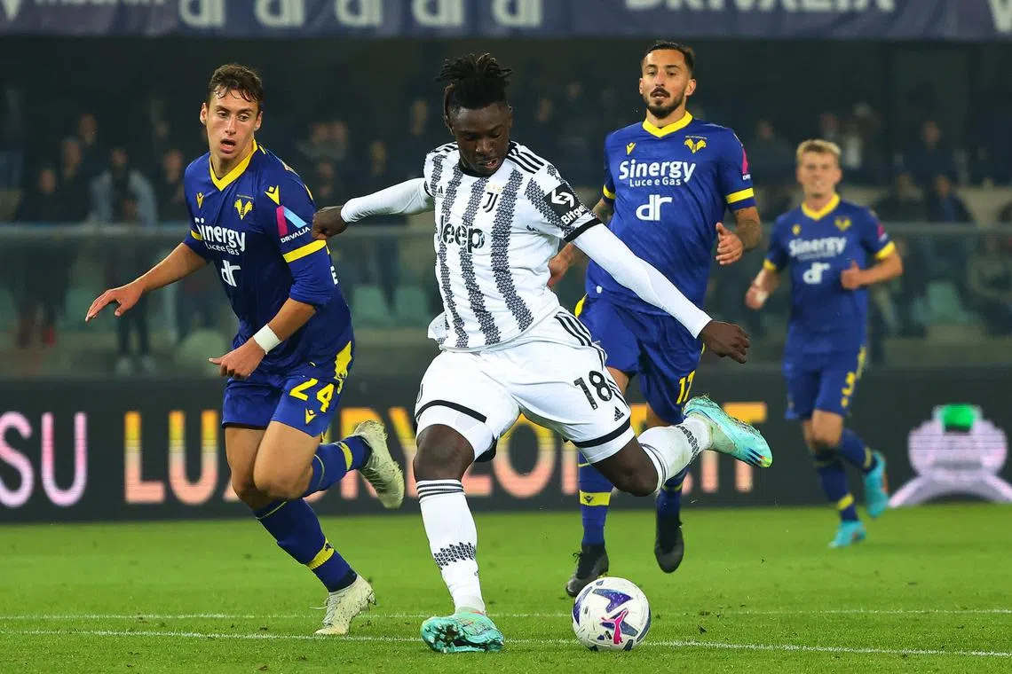 Juventus's Moise Kean scores the 0-1 goal in Verona, Italy, on Nov 10, 2022.  