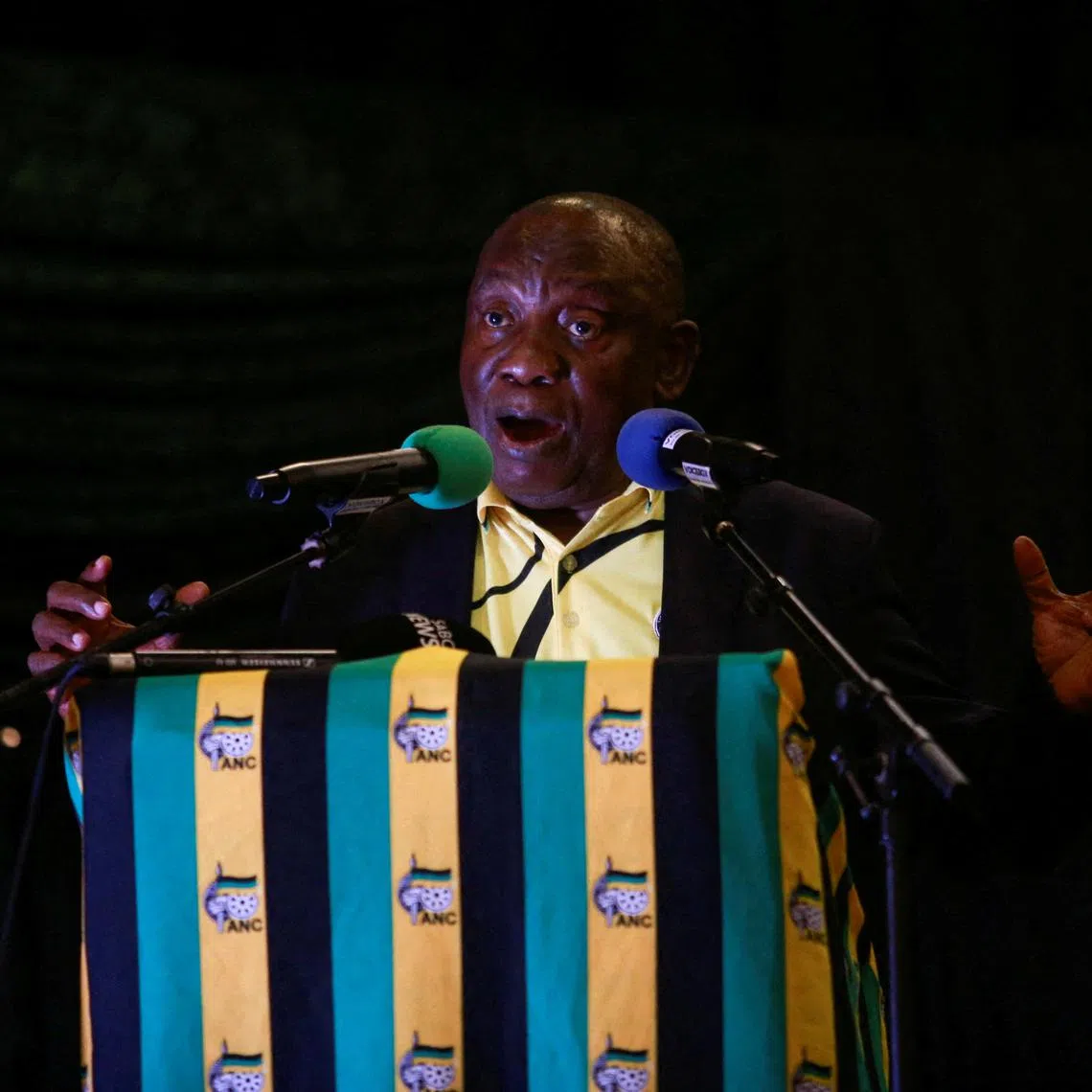 FILE PHOTO: South African President Cyril Ramaphosa speaks at an election rally in Chatsworth, South Africa, May 18, 2024. REUTERS/Rogan Ward/File Photo
