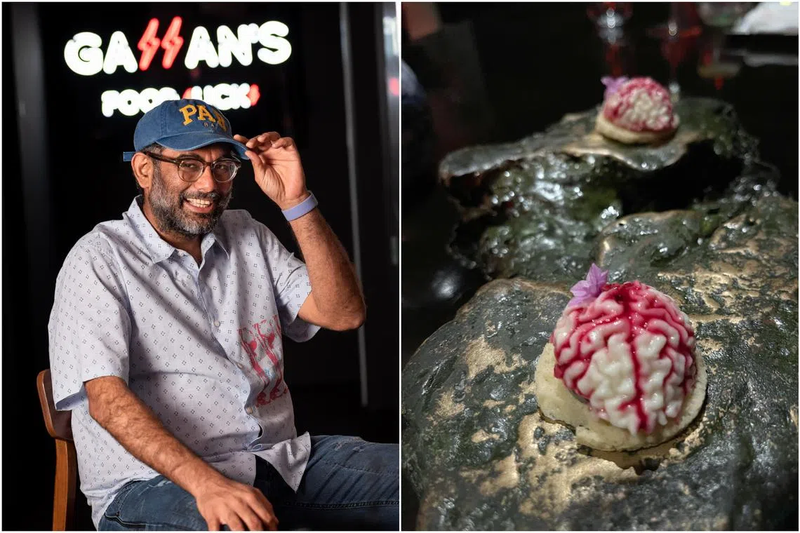 India-born chef and restaurateur Gaggan Anand and a dish he made with white asparagus from his restaurant in Bangkok.