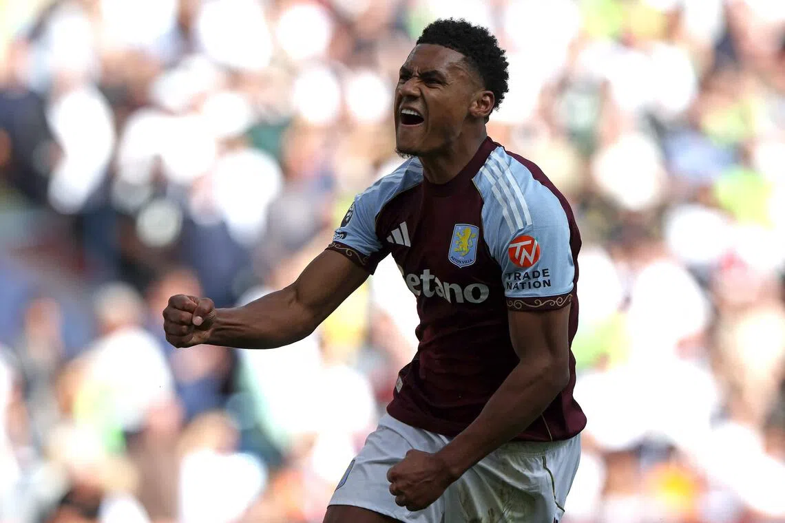 Aston Villa's English striker Ollie Watkins celebrating after scoring the equaliser during his side's 3-1 English Premier League win over Fulham at Villa Park in Birmingham on Sept 28, 2025.