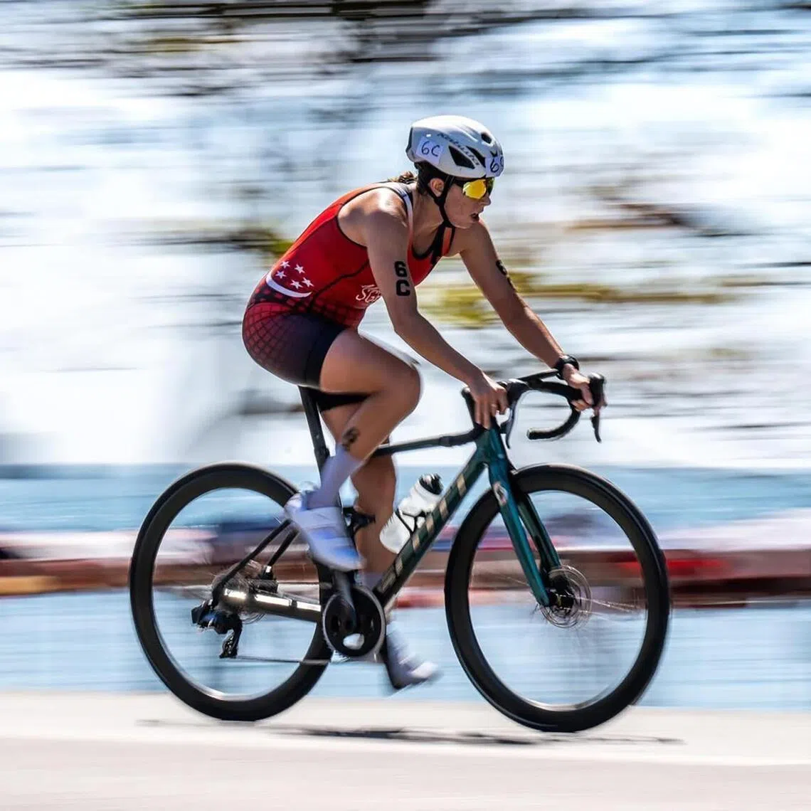 jctri01 - Middleditch in action on her bicycle at the 2025 SEA Games, where she won two bronze medals and one silver. 

PHOTO: COURTESY OF SINGAPORE NATIONAL OLYMPIC COUNCIL (SNOC)
