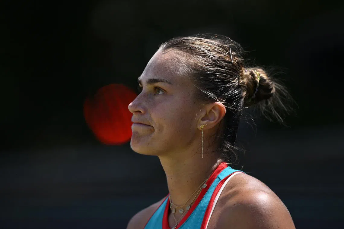 Tennis - Berlin Tennis Open - Steffi Graf Stadium, Berlin, Germany - June 21, 2025 Belarus' Aryna Sabalenka reacts during her semi final match against Czech Republic's Marketa Vondrousova REUTERS/Annegret Hilse