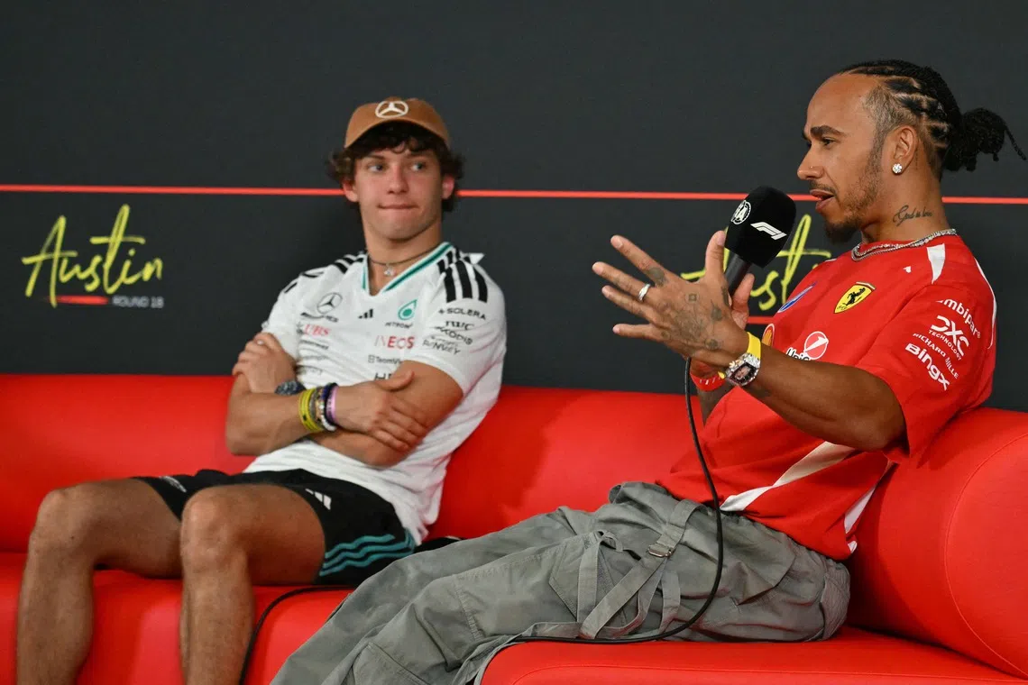 Ferrari’s Lewis Hamilton speaks alongside Mercedes’ Kimi Antonelli at a press conference in Austin, Texas, on Oct 22.