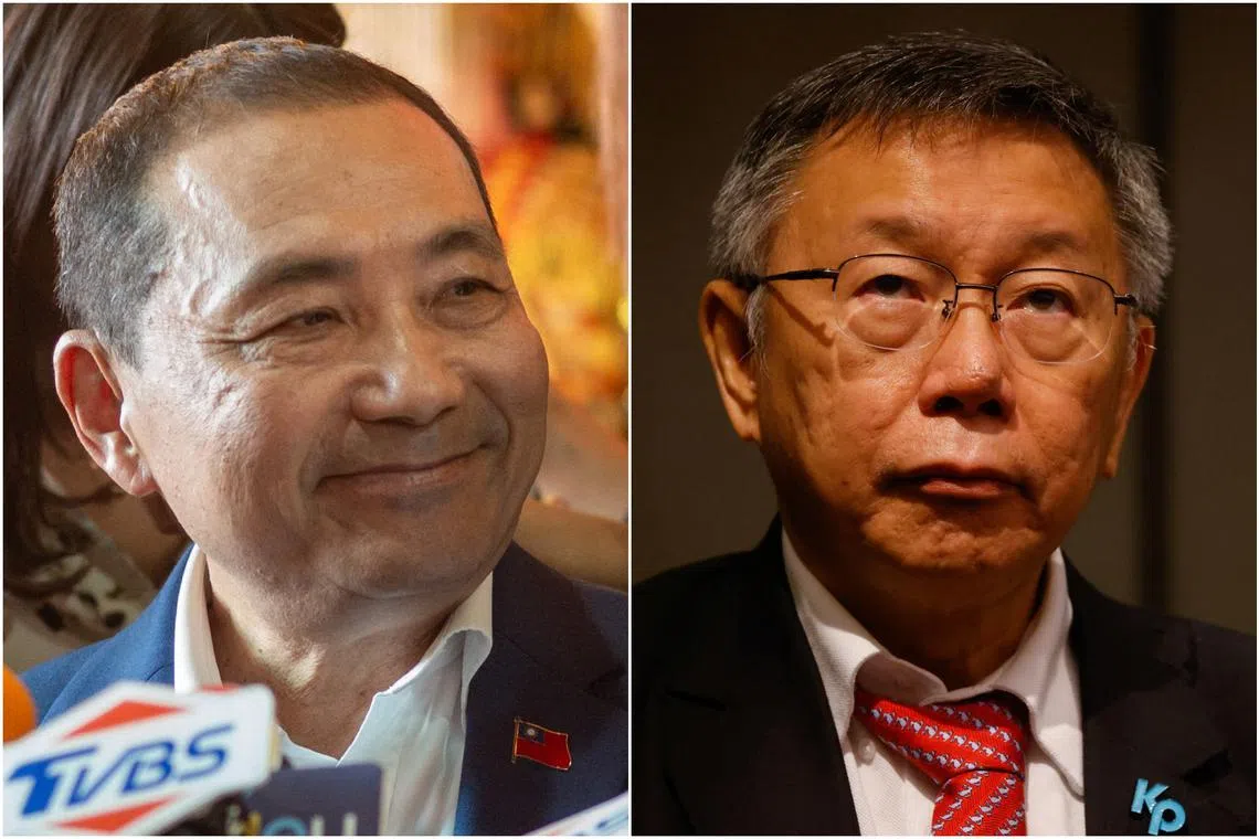 Analysts say a deal between the KMT's Hou Yu-ih (left) and the upstart TPP's Ko Wen-je may be getting further out of reach. 