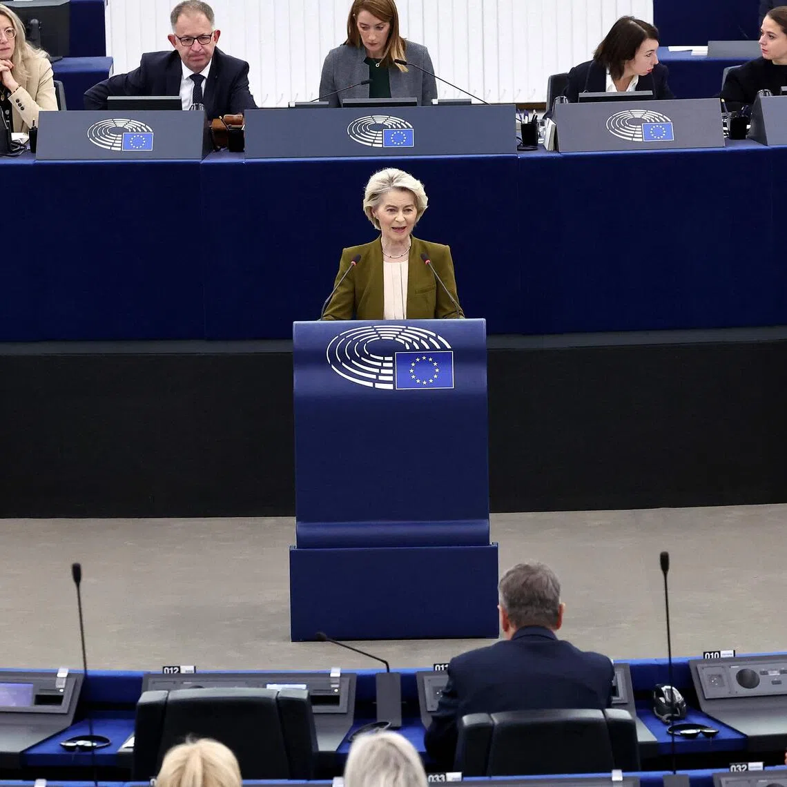 European Commission president Ursula von der Leyen delivering a speech on Ukraine at the European Parliament on Nov 26.