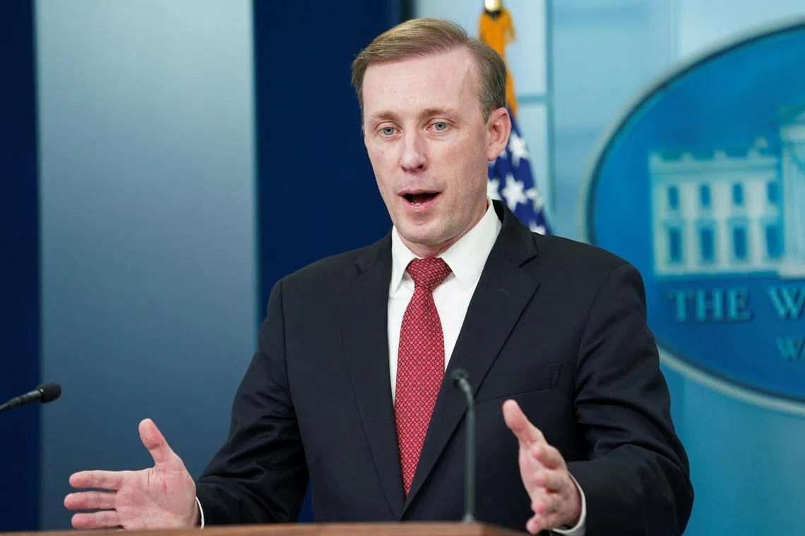 FILE PHOTO: White House National Security Advisor Jake Sullivan speaks during a press briefing at the White House in Washington, U.S., April 9, 2024. REUTERS/Kevin Lamarque/File Photo