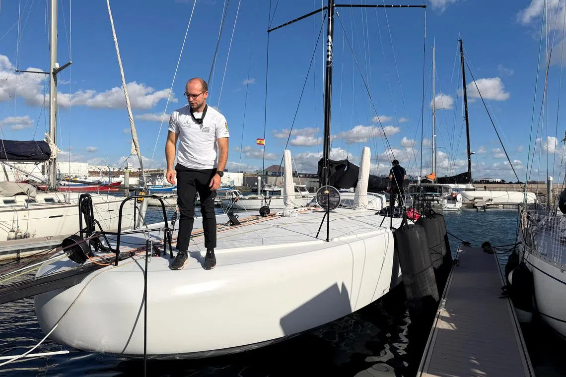 Sailing - 2026 RORC Transatlantic Race - Arrecife, Lanzarote, Spain - January 9, 2026 Skipper Antoine Magre and crew aboard scow-bowed Palanad 4 ahead of the Lanzarote to Antigua 2026 RORC Transatlantic Race. Palanad 4 went on to win the overall race.  REUTERS/Ossian Shine