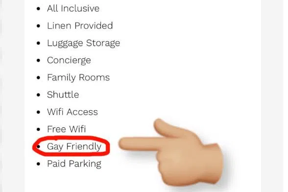The hotel's website listed "gay friendly" under its facilities.