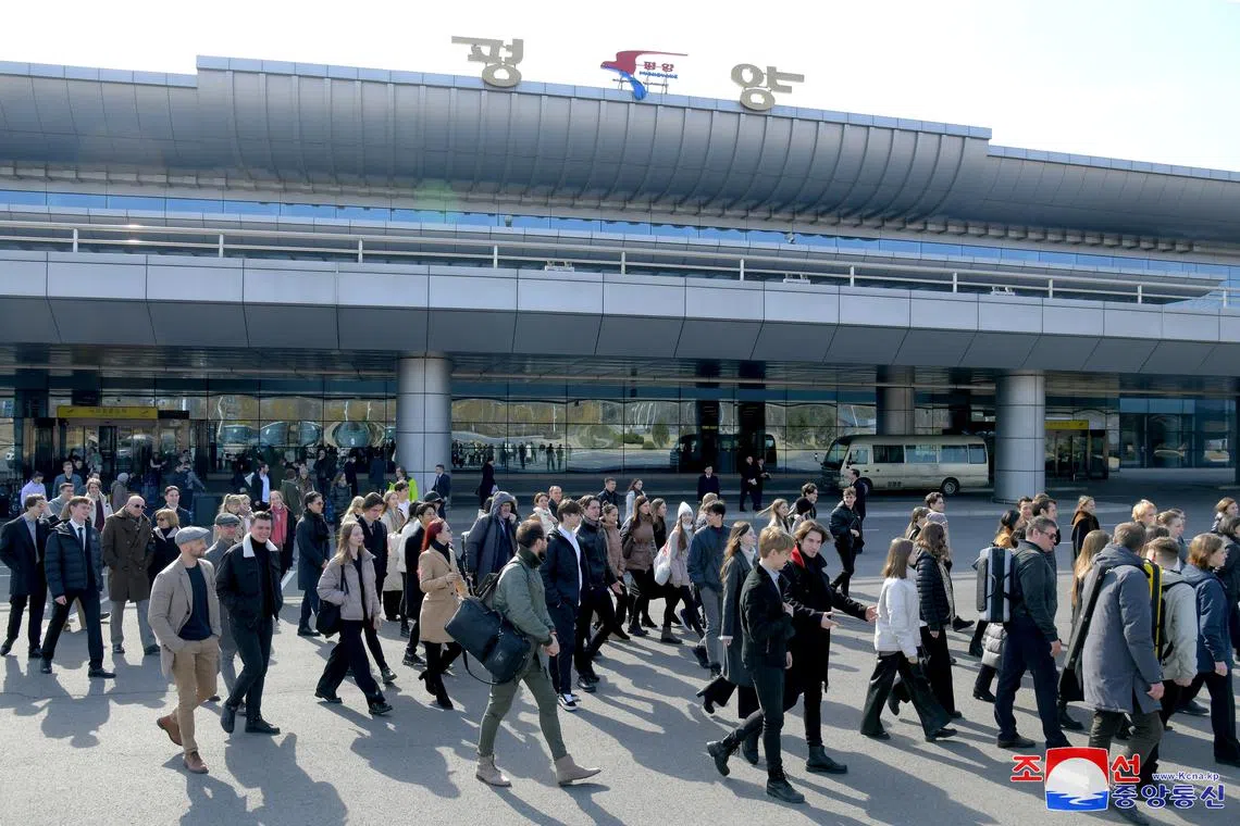 A Russian Ministry of Culture delegation arrives in Pyongyang, North Korea, March 18, 2024, on the occasion of the 75th anniversary of the signing of the Agreement on Economic and Cultural Cooperation, in this picture released on March 19, 2024, by the Korean Central News Agency.    KCNA via REUTERS