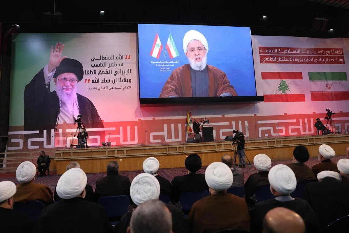 A televised speech by Hezbollah chief Naim Qassem during a rally in Beirut on Jan 26 to show solidarity with Iran.