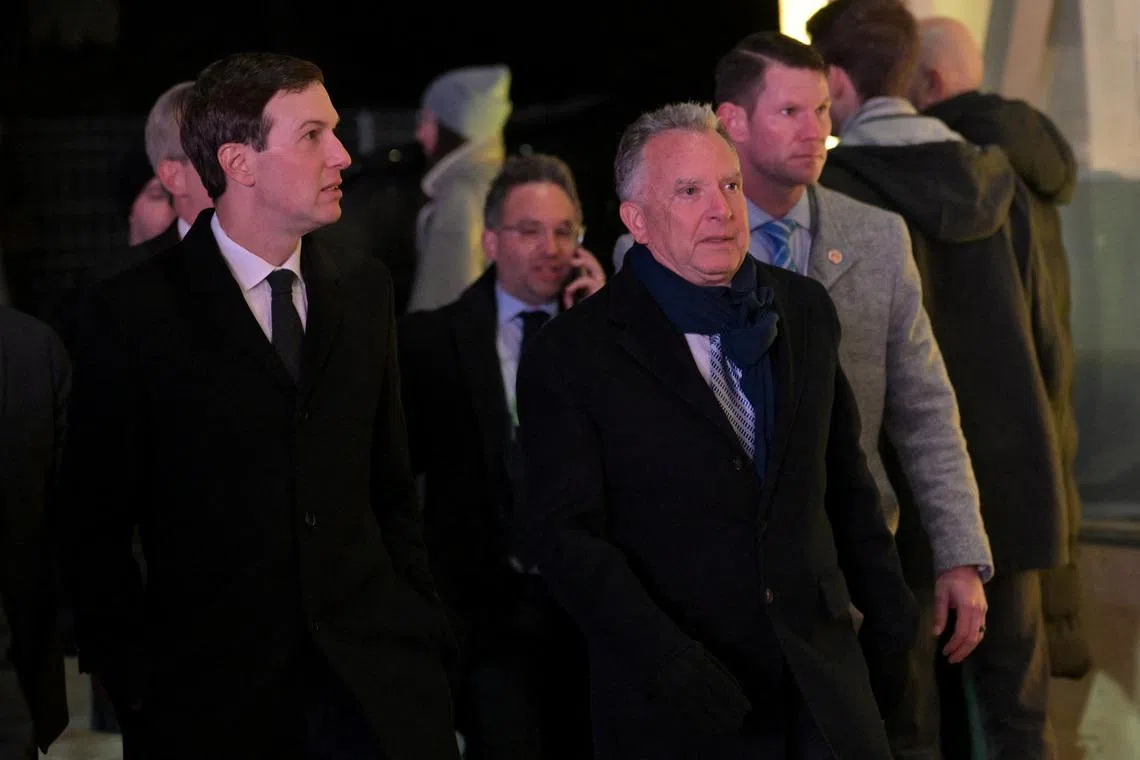 U.S. Special Envoy Steve Witkoff and U.S. businessman Jared Kushner walk, on the day of the 56th annual World Economic Forum (WEF) meeting, in Davos, Switzerland, January 20, 2026. REUTERS/Romina Amato